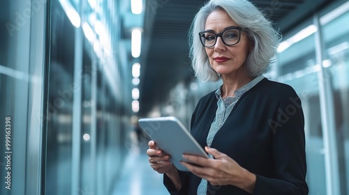 Confident Woman Using Tablet in Modern Office Space