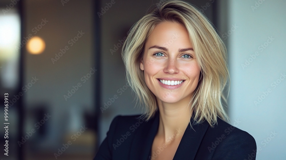 Professional Woman Smiling in Modern Office Setting Professional Woman Smiling in Modern Office Setting