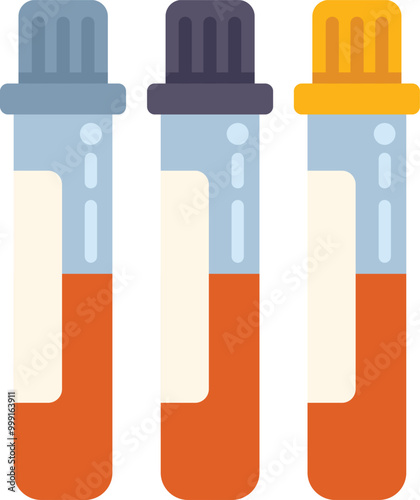 Three medical test tubes containing blood samples are standing in a row