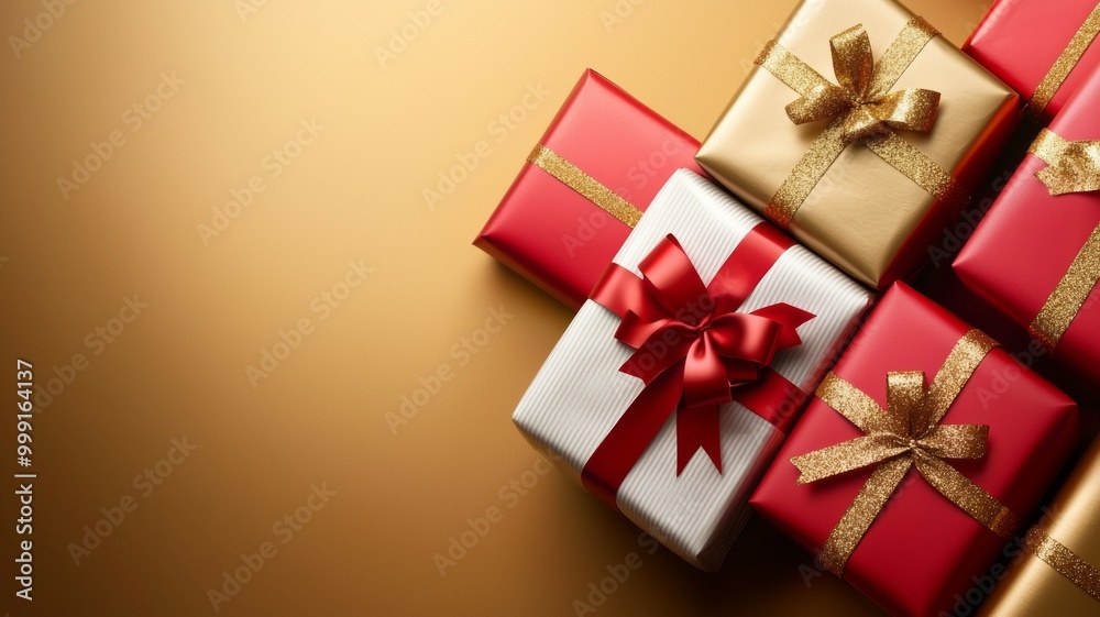 A row of presents with red bows on top of each one A row of presents with red bows on top of each one