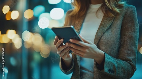 Businesswoman Using Tablet In Modern Urban Setting