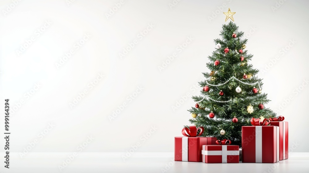 A Christmas tree with red and gold ornaments sits in front of a white background A Christmas tree with red and gold ornaments sits in front of a white background