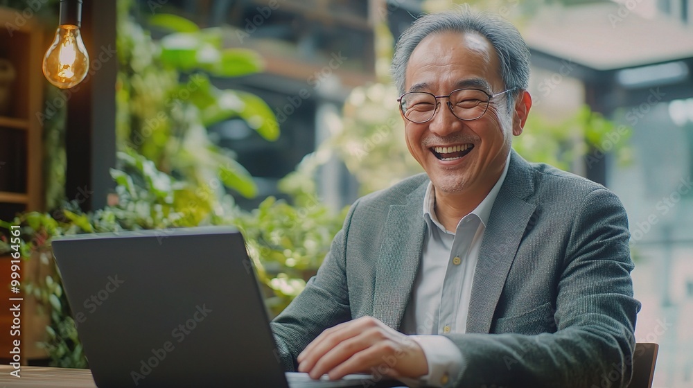 Obraz premium Happy Senior Man Working on Laptop in Green Office Space