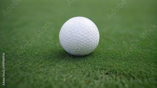 A white golf ball rests on a green grass surface.