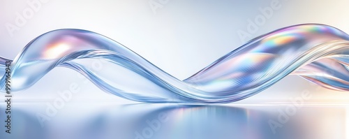 A dynamic, flowing wave of translucent blue and silver, reflecting light and creating a sense of movement and depth against a light background.