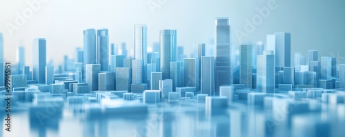 A modern city skyline with sleek skyscrapers illuminated in blue tones, reflecting a futuristic urban landscape.