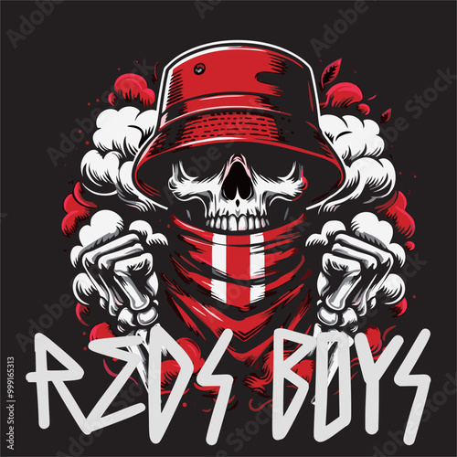 Illustration vector logo of football fans ultras hooligan in skull drawing with red white color on black background