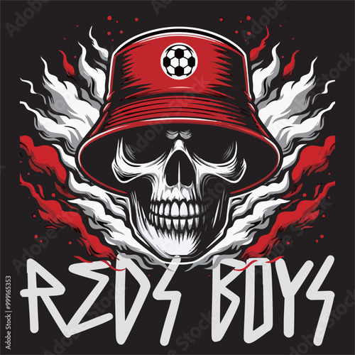Illustration vector logo of football fans ultras hooligan in skull drawing with red white color on black background