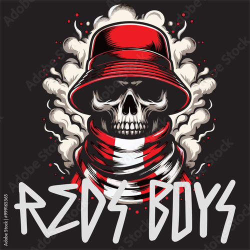 Illustration vector logo of football fans ultras hooligan in skull drawing with red white color on black background