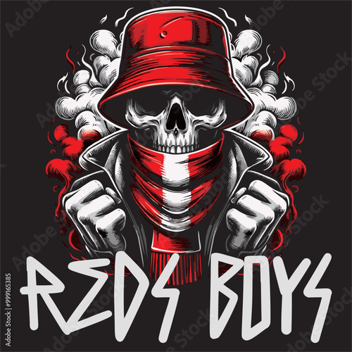 Illustration vector logo of football fans ultras hooligan in skull drawing with red white color on black background