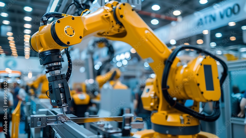 Robotic arm working on assembly line in factory, industry 4.0 concept Robotic arm working on assembly line in factory, industry 4.0 concept