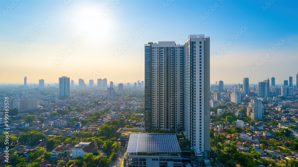 Obraz premium Stunning cityscape with modern skyscrapers and lush greenery