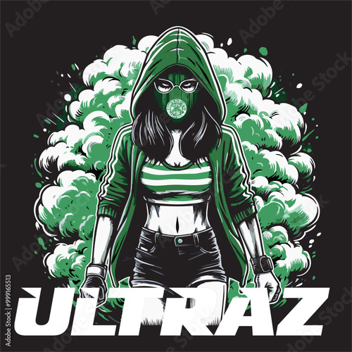 Illustration vector Graphics of football fans girl standing with smoke behind , the colour is green white design for sticker, t shirt, etc