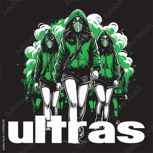 Illustrator vector graphic of Group Ultras hooligan Football fans women with green white color behind is green white color