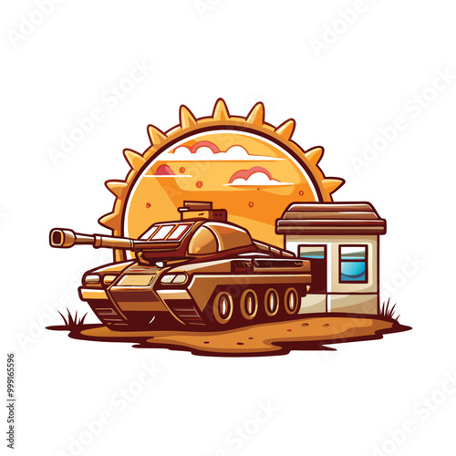 A cartoon illustration of a tank being refueled at a desert outpost under the sun.