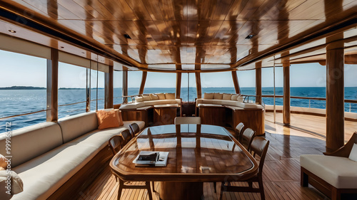 Interior de un yate de lujo con detalles en madera