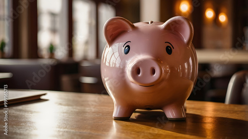 Alcancía en forma de cerdito en una mesa de madera