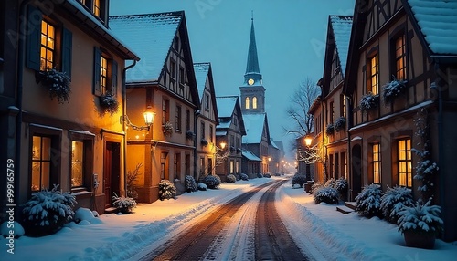 A snowy winter night in quaint European town, with cobblestone streets, old buildings with Christmas lights, and church steeple in the background created with generative ai