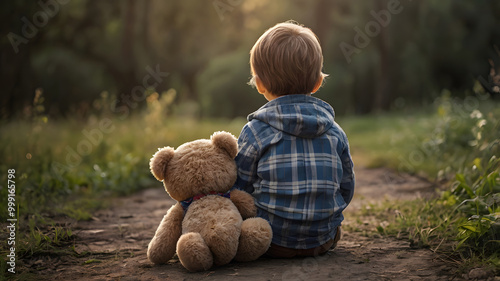 Niño sentado al aire libre con su osito de peluche photo