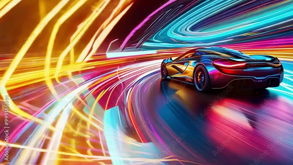 Futuristic sports car speeds down a neon lit highway, leaving colorful light trails in its wake, capturing the excitement of a fast paced drive through the night