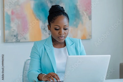 person working on laptop African American woman in a light blue blazer is typing on a laptop at a desk with a white background. Behind her, there is a colorful abstract painting on the wall