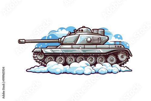 A cartoon tank moving through a snowy environment with a wintery sky.