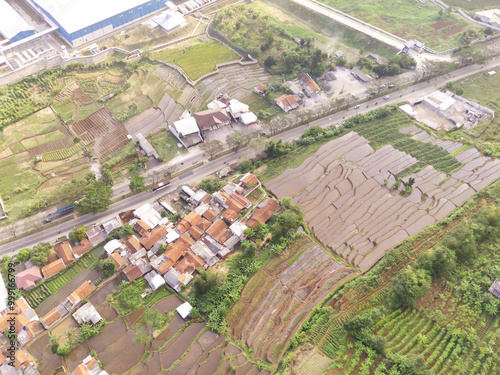 Aerial drone of countryside view of Cikancung, West Java. Indonesia . A small village in a remote part of the Java island in Indonesia. photo