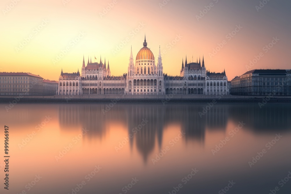 Fototapeta premium Majestic parliament building reflected in calm waters at sunset