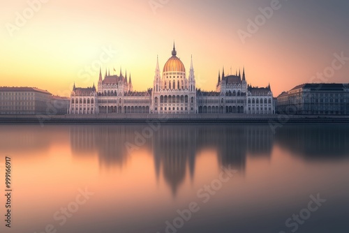 Majestic parliament building reflected in calm waters at sunset