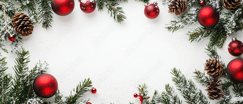 Festive Christmas border with pine branches, red baubles, and pine cones on a white background. Festive Christmas border with pine branches, red baubles, and pine cones on a white background.