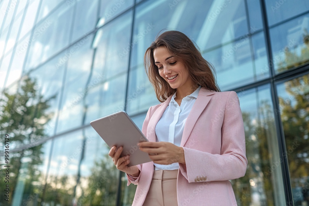 A businesswoman using an iPad in front of her office building, wearing a pink suit and blue blouse with a white shirt underneath, smiling at the screen while holding it in both hands