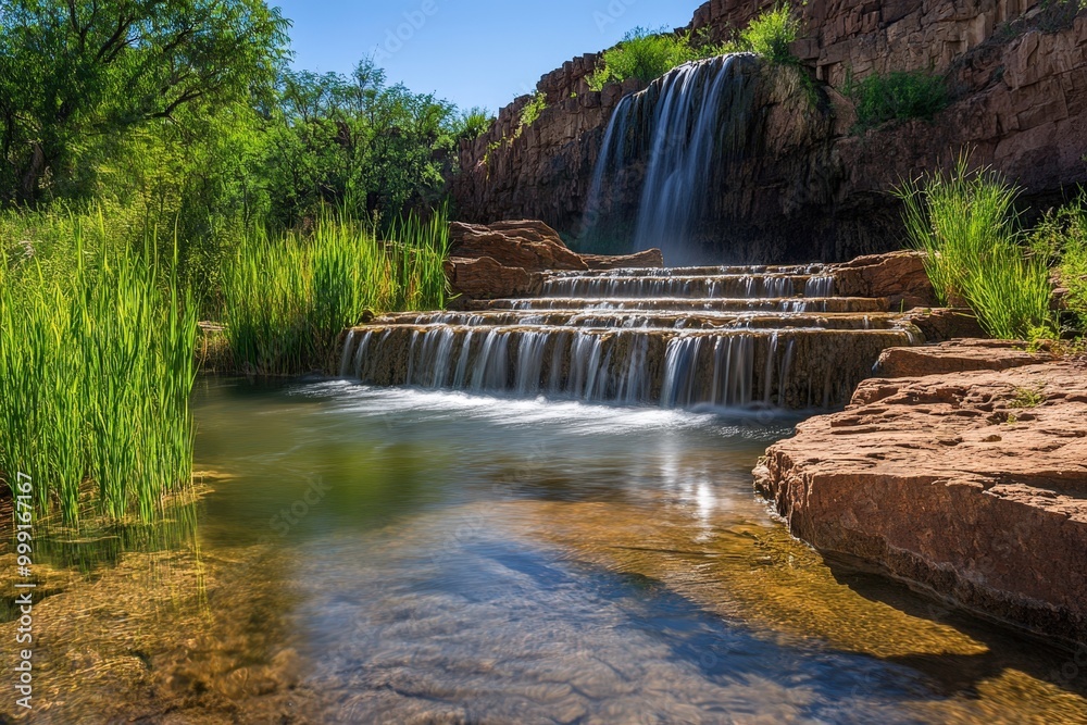 Fototapeta premium Serene waterfall cascading over rocky cliffs into a tranquil pool