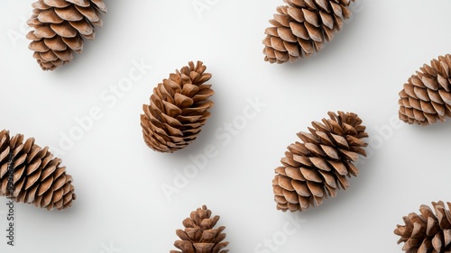 A close up of pine cones with a white background