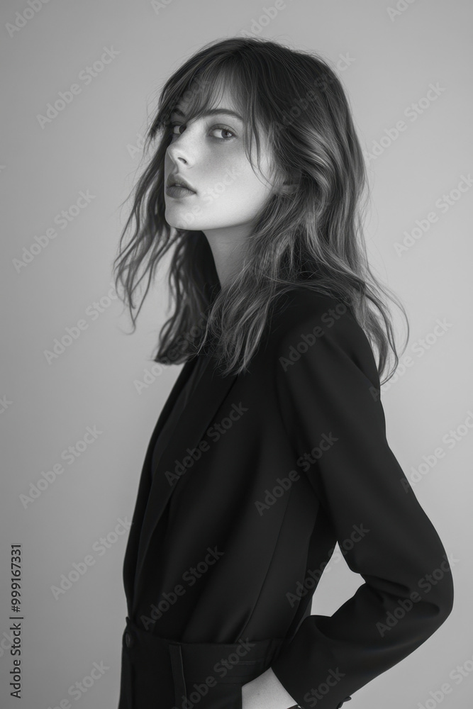 Fototapeta premium Black and white portrait of a young Caucasian woman with wavy hair, wearing a dark blazer, gazing thoughtfully to the side.