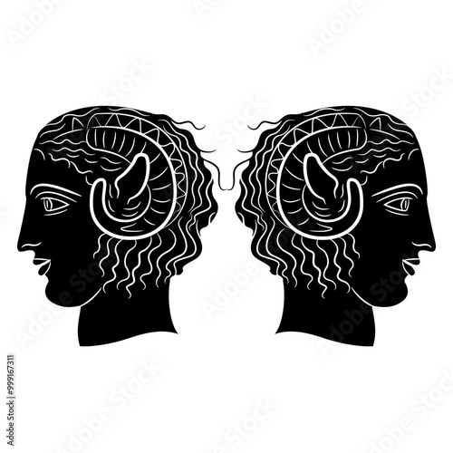 Symmetrical ethnic design with two heads of Apollo Karneios. Horned antique god. Ancient Greek mythology. Black and white silhouette.