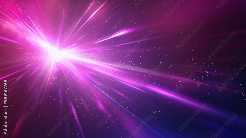 Purple and White Light Beams Emitting from a Bright Center with Small White Particles Scattered Across a Dark Background