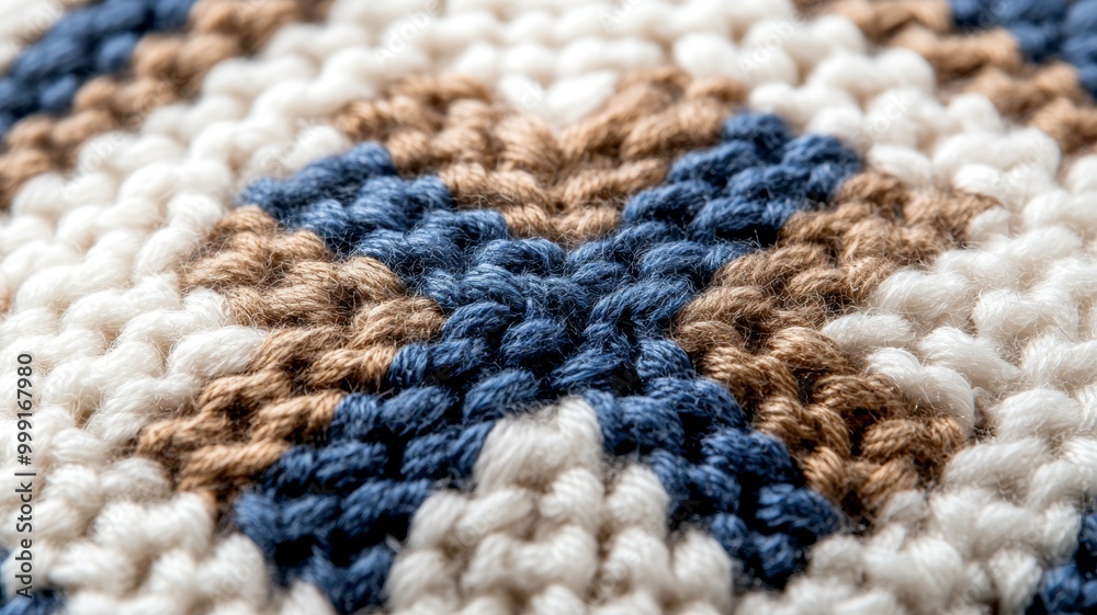 A knitted item with a blue and brown pattern A knitted item with a blue and brown pattern