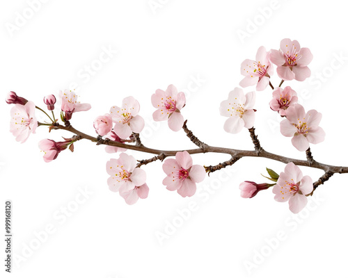 A branch of pink flowers with a white background