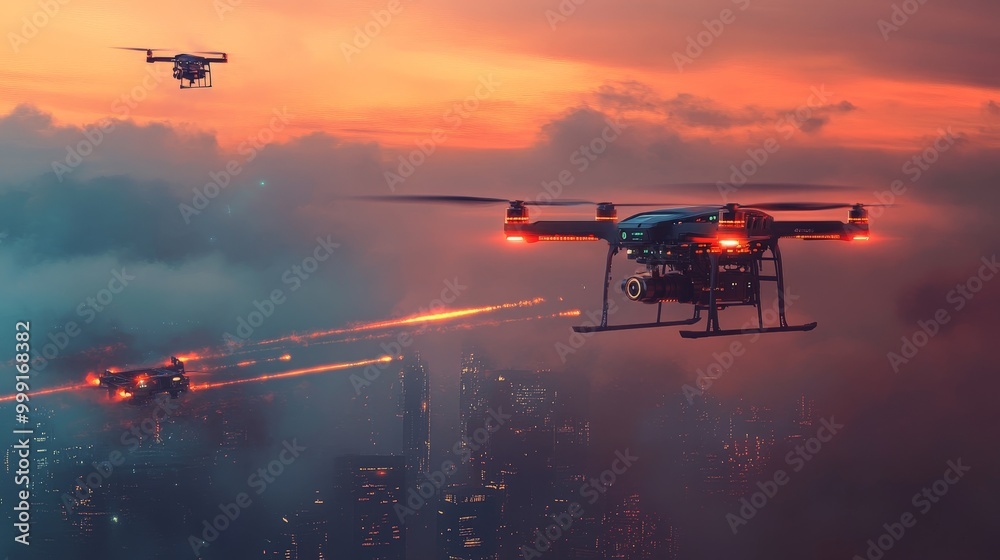 A high-tech drone under attack by cybercriminals, with firewalls protecting its data and ensuring secure navigation. A high-tech drone under attack by cybercriminals, with firewalls protecting its data and ensuring secure navigation.