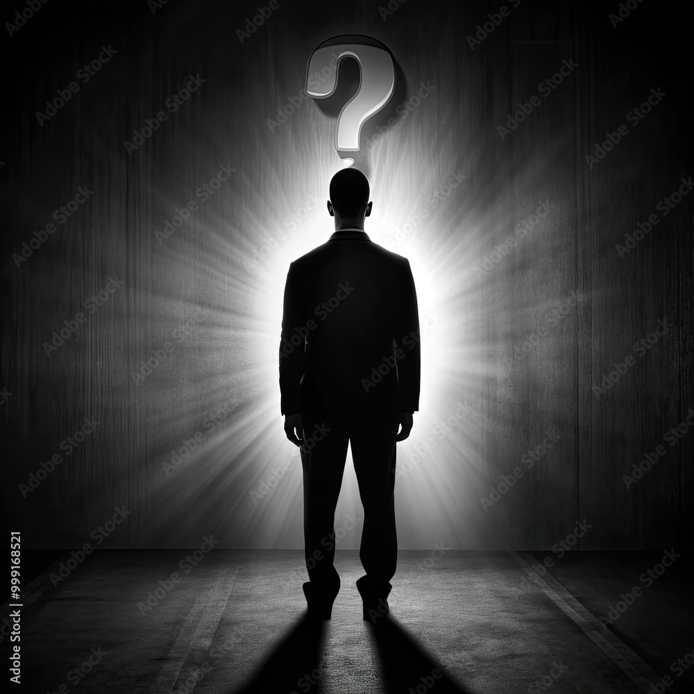 Obraz premium A man in a suit stands in a dark room illuminated by a spotlight. A question mark appears above his head