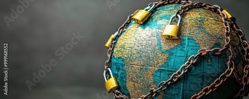 A globe encased in chains and padlocks, blocking free trade between countries, locked global economy, international restriction concept