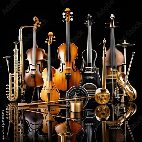 Orchestral instruments arranged on black surface with reflections below. Includes saxophone, two violins, two violas, cello, guitar, and trumpet photo