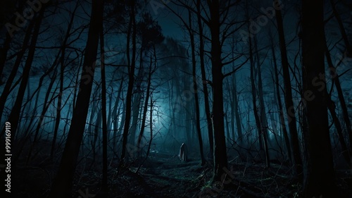 A solitary figure in a hooded cloak walks through a dark, twisted forest at midnight. The trees are thick and dense, casting long shadows in the faint moonlight