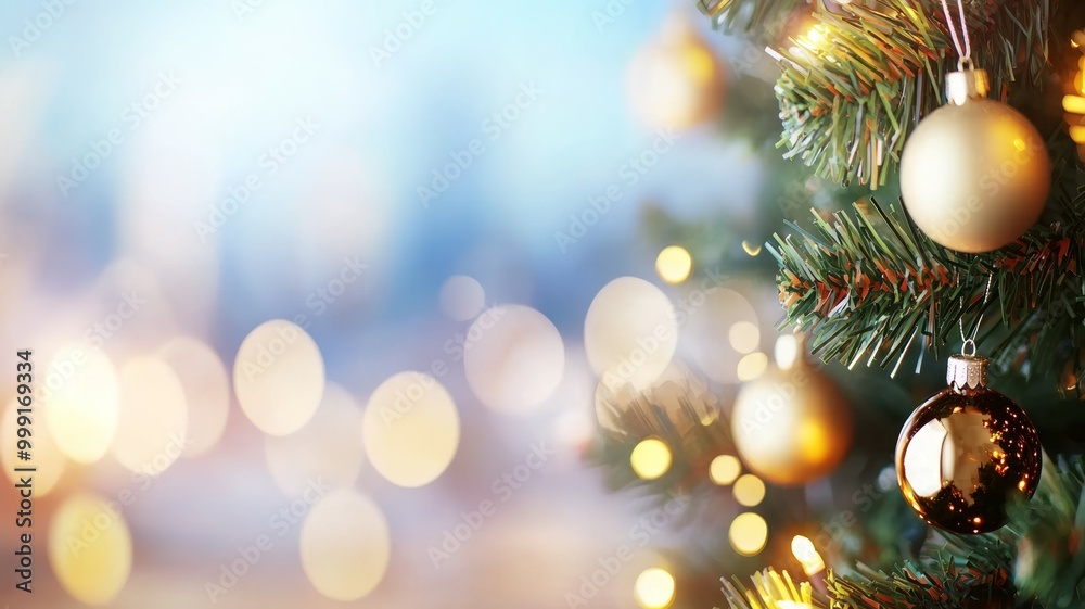 A Christmas tree with gold ornaments and a golden ball hanging from it A Christmas tree with gold ornaments and a golden ball hanging from it