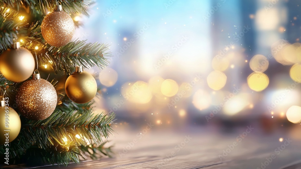 A Christmas tree with gold ornaments and lights A Christmas tree with gold ornaments and lights