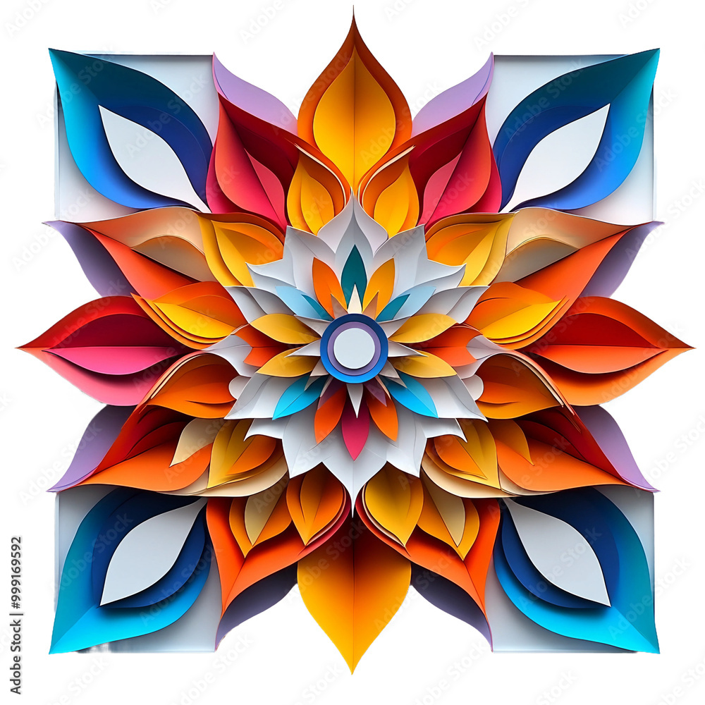 A colorful paper flower with a white center