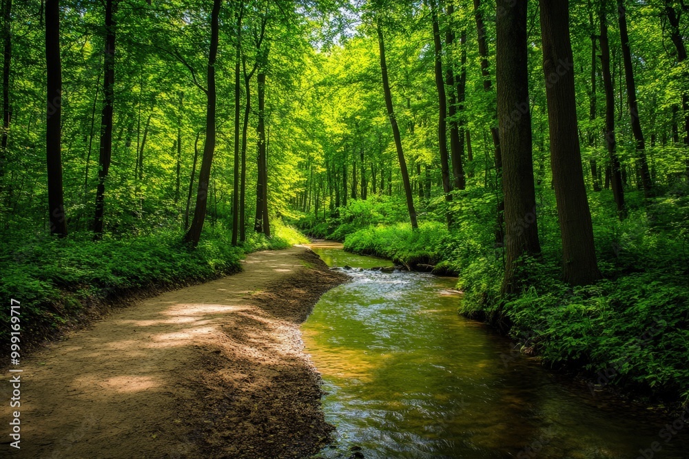 Serene forest stream flowing through lush green woods Serene forest stream flowing through lush green woods