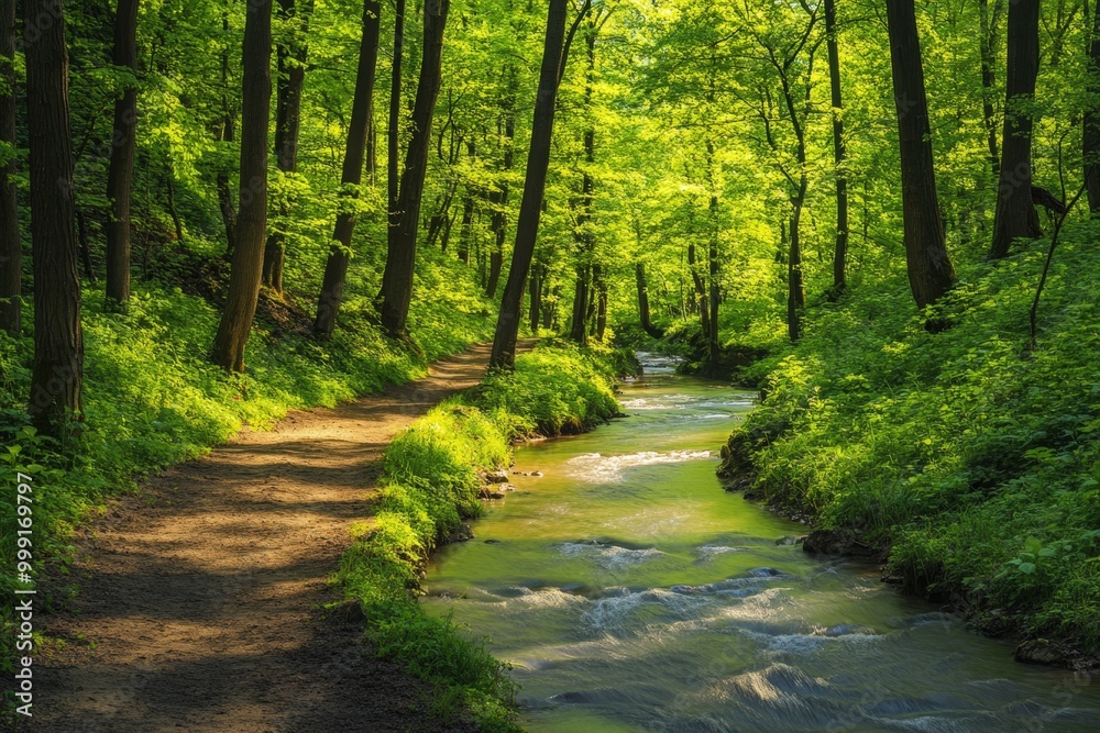 Obraz premium Serene forest stream flowing through lush green landscape
