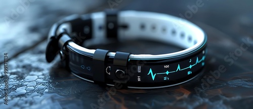 A sleek, modern health monitoring bracelet displaying vital signs and metrics.