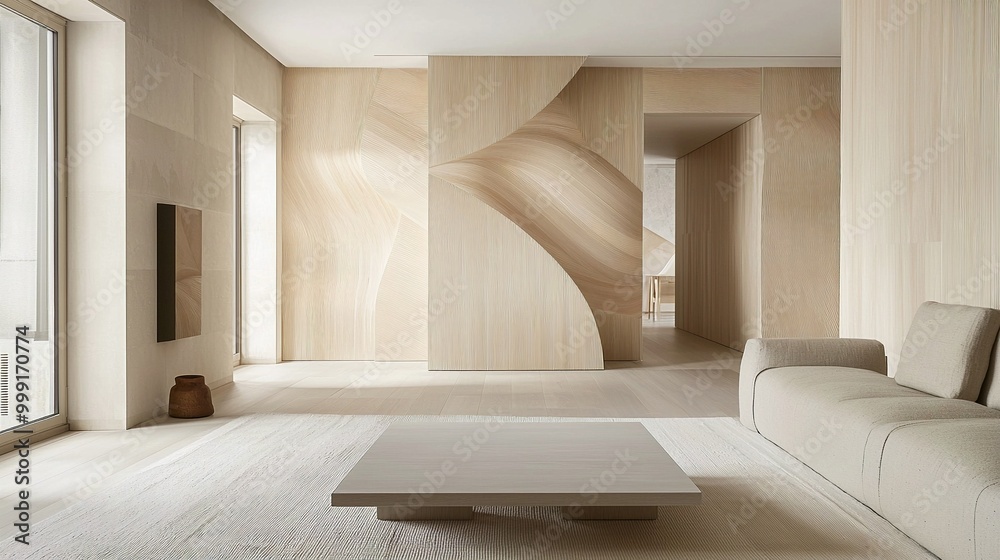 A picture of a japandi interior living room with a wall finished with wood panels. Generative AI
A picture of a japandi interior living room with a wall finished with wood panels. Generative AI